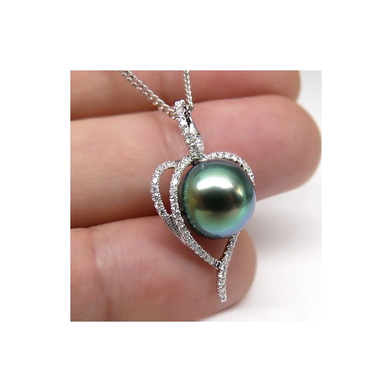 Pendentif coeur - Déclaration d'amour - Perle Tahiti - Or blanc, diamants - 3