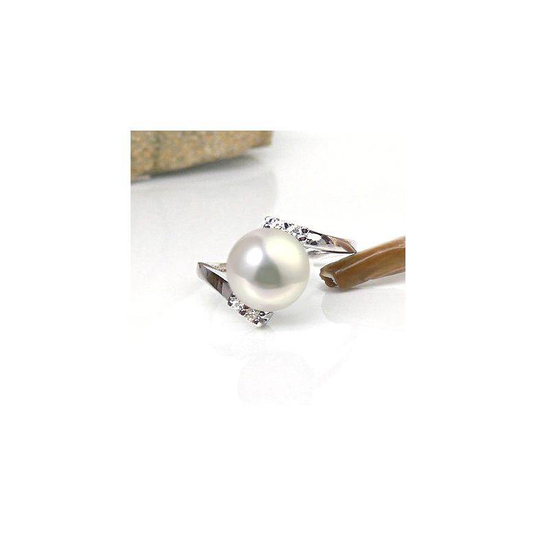 Bague ondulée solitaire - Or blanc, diamants - Perle blanche culture - 2