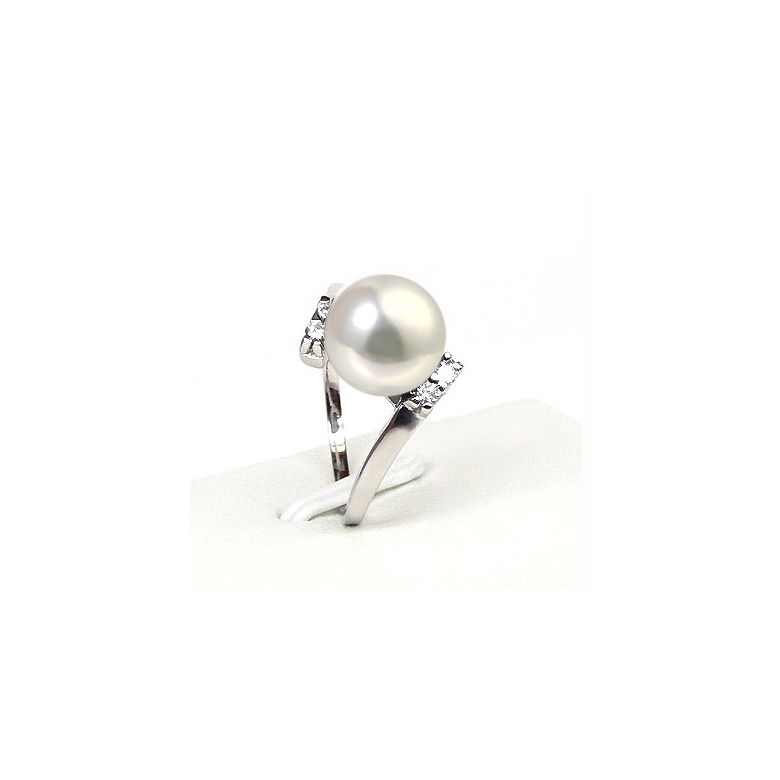 Bague ondulée solitaire - Or blanc, diamants - Perle blanche culture - 3