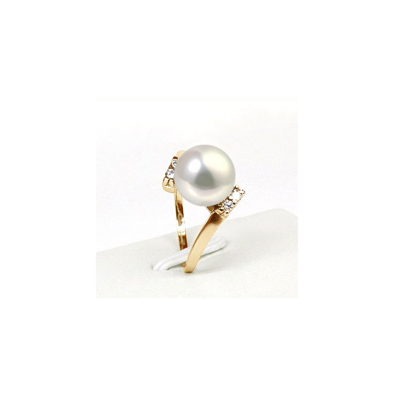 Bague ondulée solitaire - Or jaune, diamants - Perle blanche culture - 3