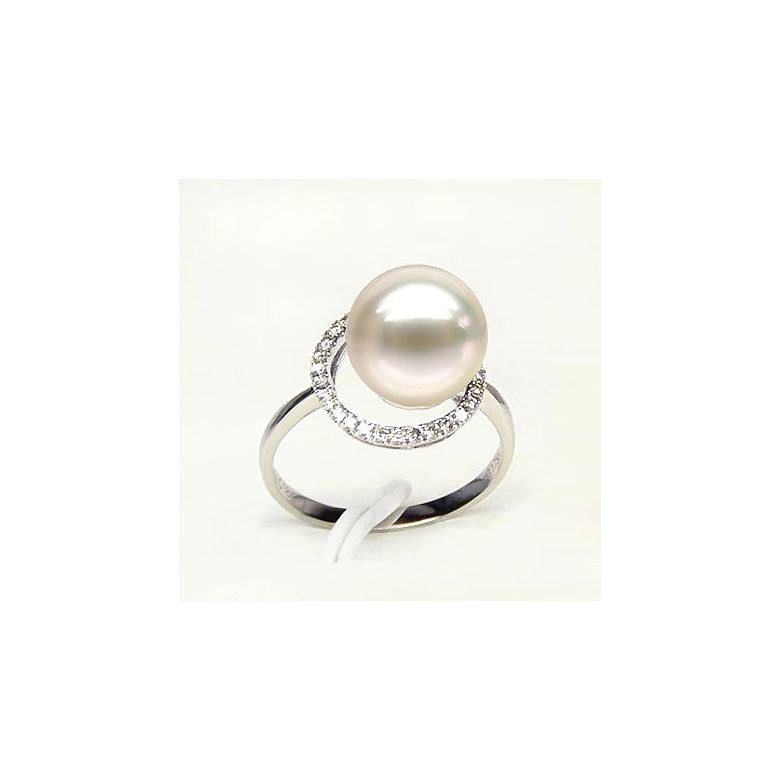 Bague perle d'eau douce blanche - Encerclement d'or blanc et diamants - 4