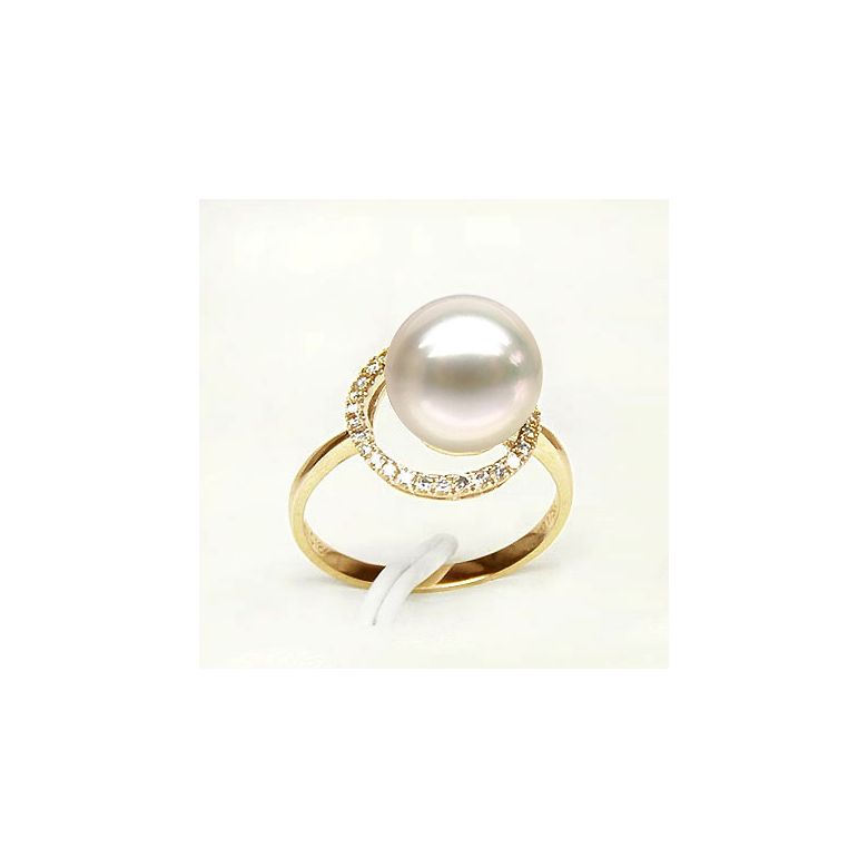 Bague perle d'eau douce blanche - Encerclement d'or jaune et diamants - 2
