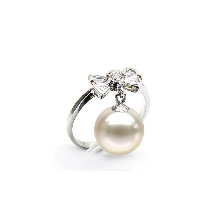 Bague noeud papillon - Or blanc, diamants, perle de culture - 2