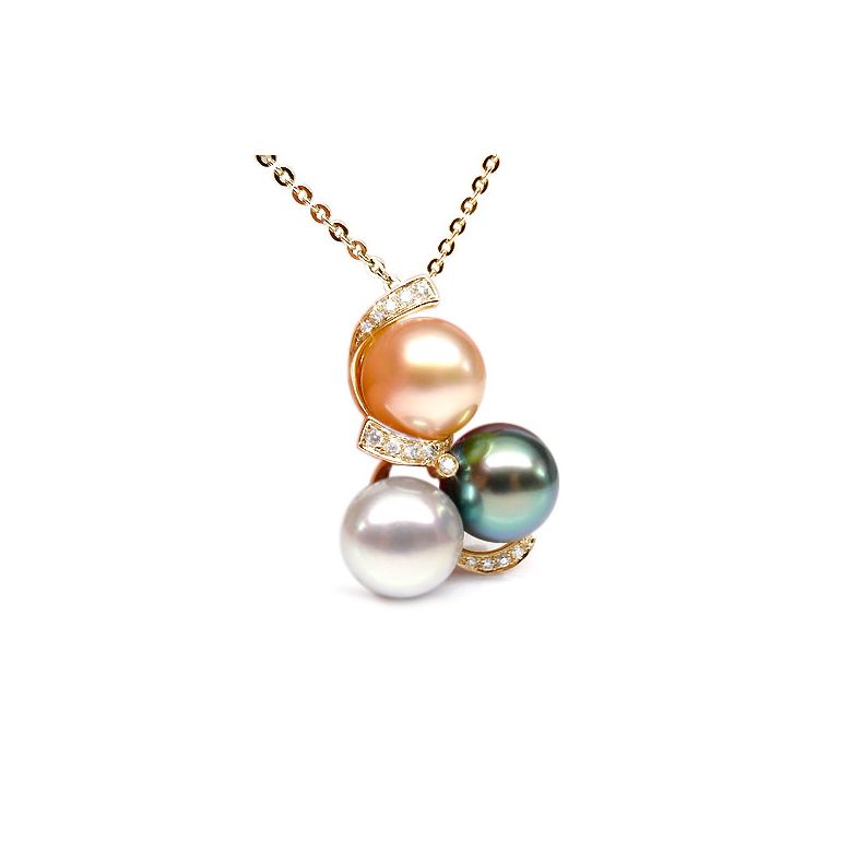 Pendentif trilogie - Perle Tahiti, perles eau douce - Or jaune, diamants - 2