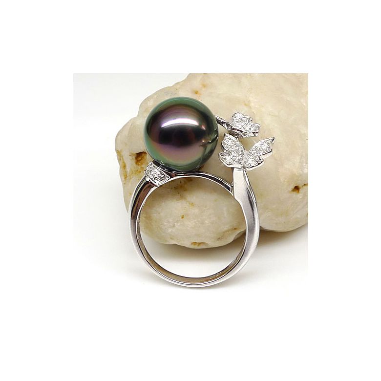 Bague papillons gracieux - Perle de Tahiti - Or blanc, diamants - 2