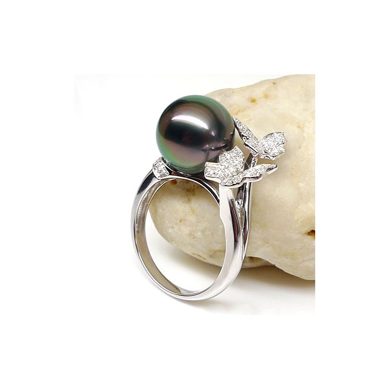 Bague papillons gracieux - Perle de Tahiti - Or blanc, diamants - 3