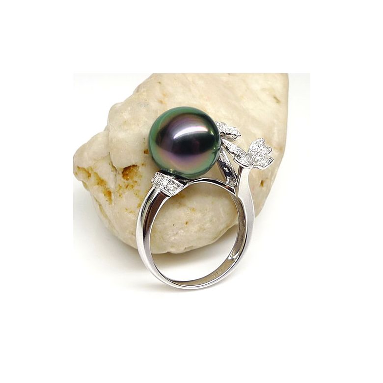 Bague papillons gracieux - Perle de Tahiti - Or blanc, diamants - 4