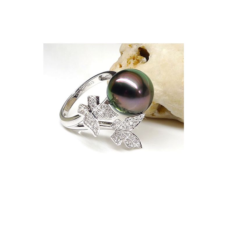 Bague papillons gracieux - Perle de Tahiti - Or blanc, diamants - 5