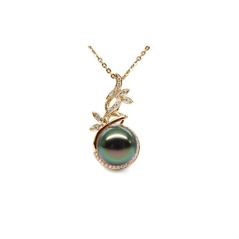 Pendentif Nature. Branche, feuillage. Perle de Tahiti, Or jaune - 1
