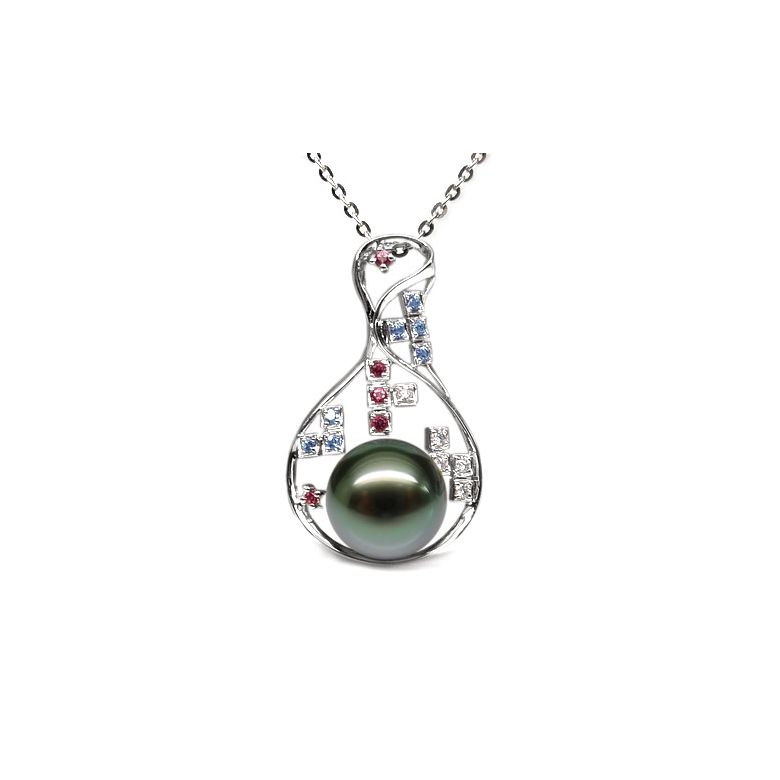 Pendentif constellation - Perle de Tahiti - Or blanc, topaze, diamants - 1