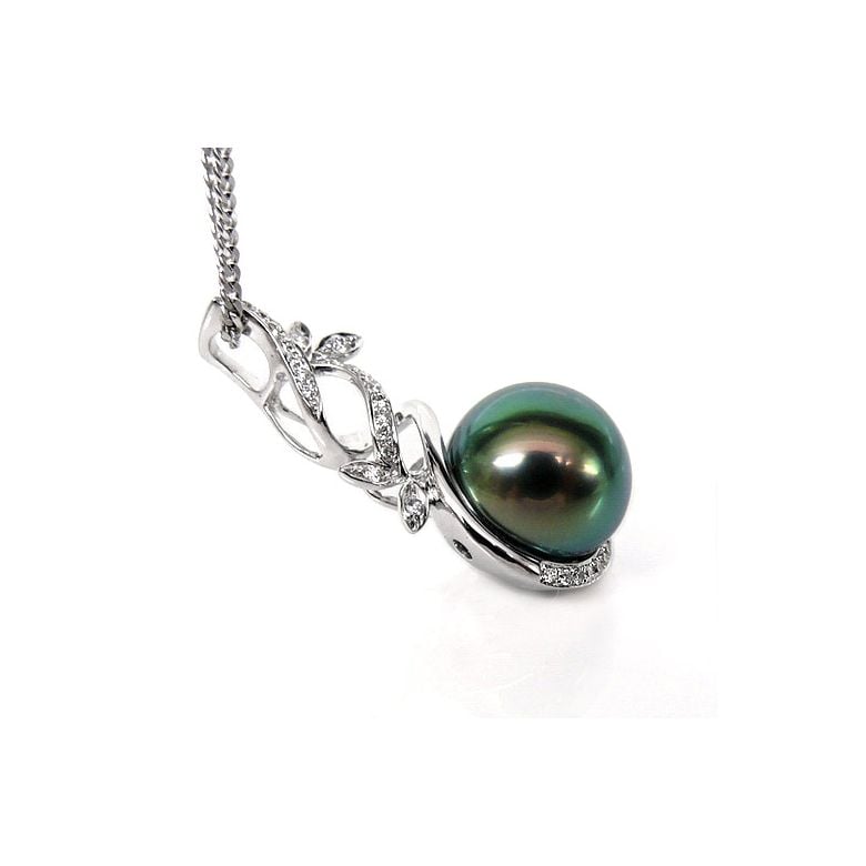 Pendentif Nature - Branche, feuillage - Perle de Tahiti - Or blanc - 2