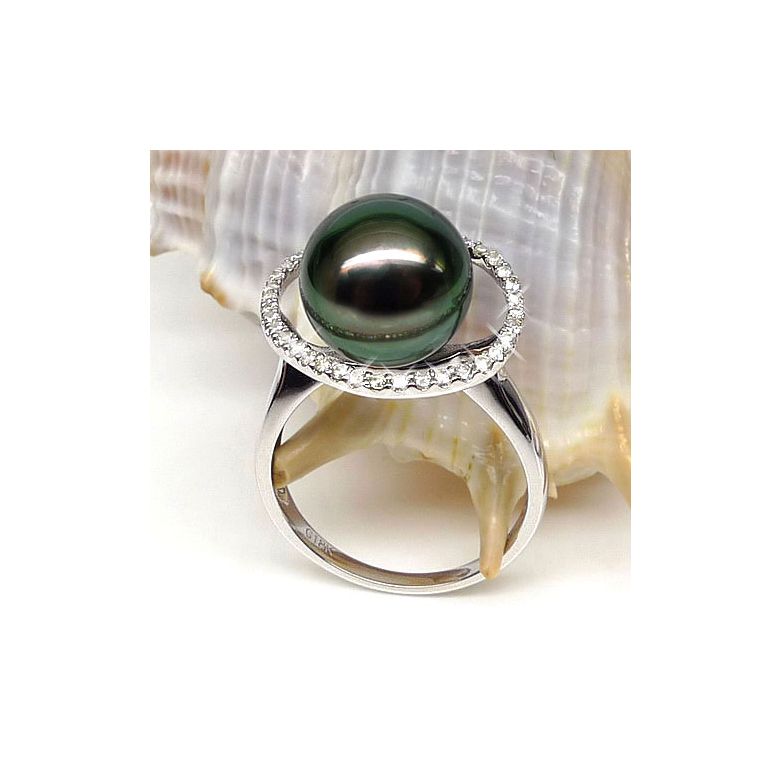 Bague diadème diamanté - Perle de Tahiti verte - Or blanc, diamants - 3