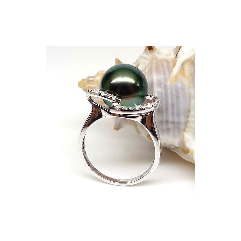 Bague diadème diamanté - Perle de Tahiti verte - Or blanc, diamants - 4