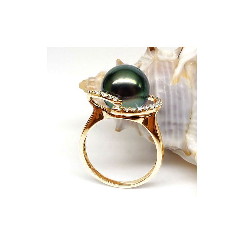 Bague diadème diamanté - Perle de Tahiti verte - Or jaune, diamants - 4