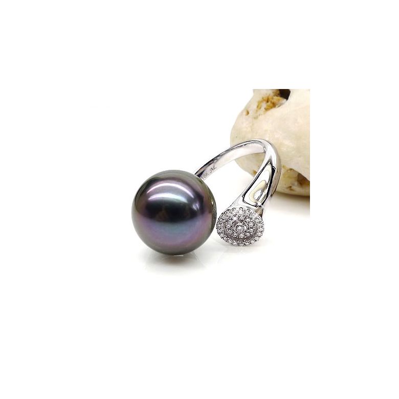 Bague perle de Tahiti verte aubergine - Or blanc, diamants micro-sertis - 2