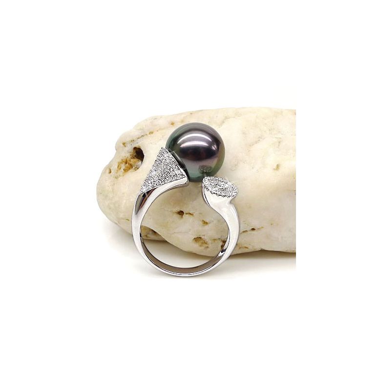 Bague perle de Tahiti verte aubergine - Or blanc, diamants micro-sertis - 3