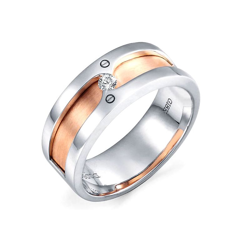Bague ors Homme - Anneau 2 Or blanc et rose 18cts avec diamant serti - 1