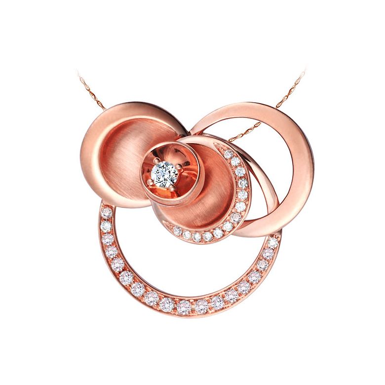 Pendentif courbe sinueuse or rose - Arcs diamantés et diamant central - 1