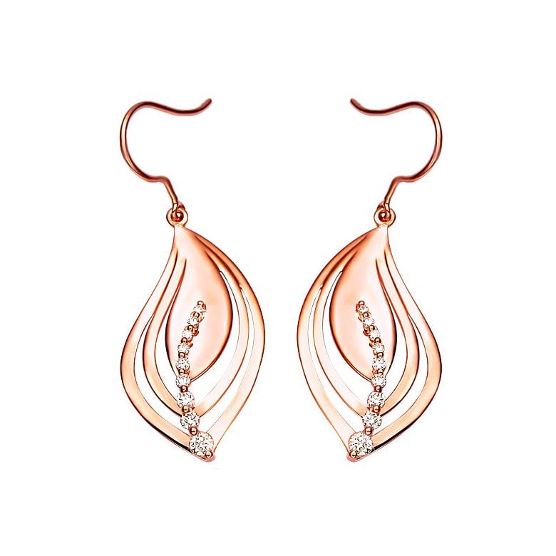 Boucles d'oreilles en forme de feuilles - Crochets or rose, diamants - 1