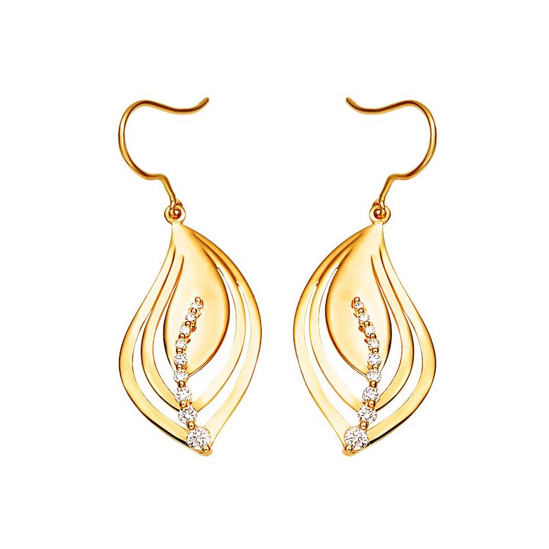 Boucle oreille crochets formant 2 feuilles en or jaune - Diamants - 1