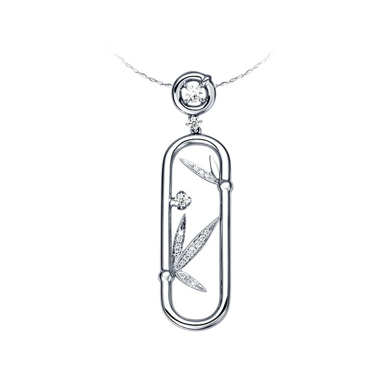Pendentif végétal raffiné - Bambou incurvé or blanc - Diamants 0.20ct - 1
