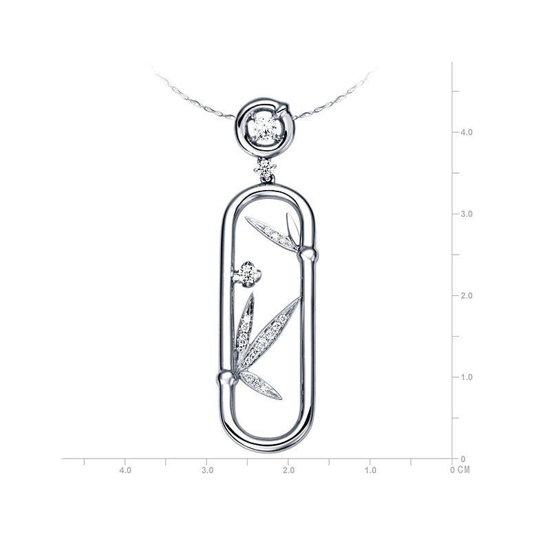 Pendentif végétal raffiné - Bambou incurvé or blanc - Diamants 0.20ct - 3