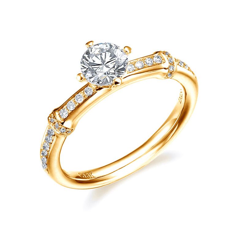 Bague solitaire bambou - Anneau végéral or jaune avec diamants 0.50ct - 1