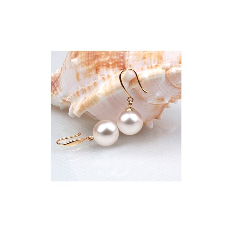 Boucles oreilles forme de crochet - Or jaune et perles blanches Chine - 2