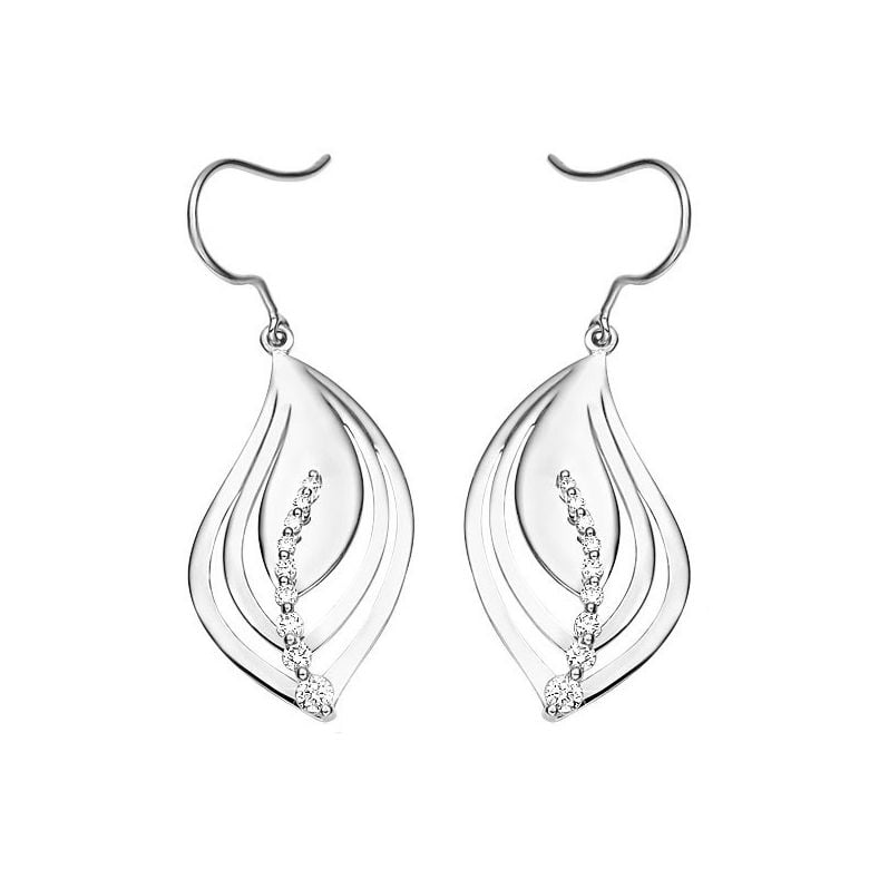 Crochet oreille or blanc - Boucles feuilles nervures serties diamants - 1