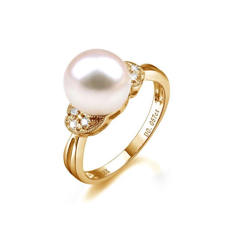 Bague perle Chine - Perle d'eau douce blanche - Diamants, or jaune - 1