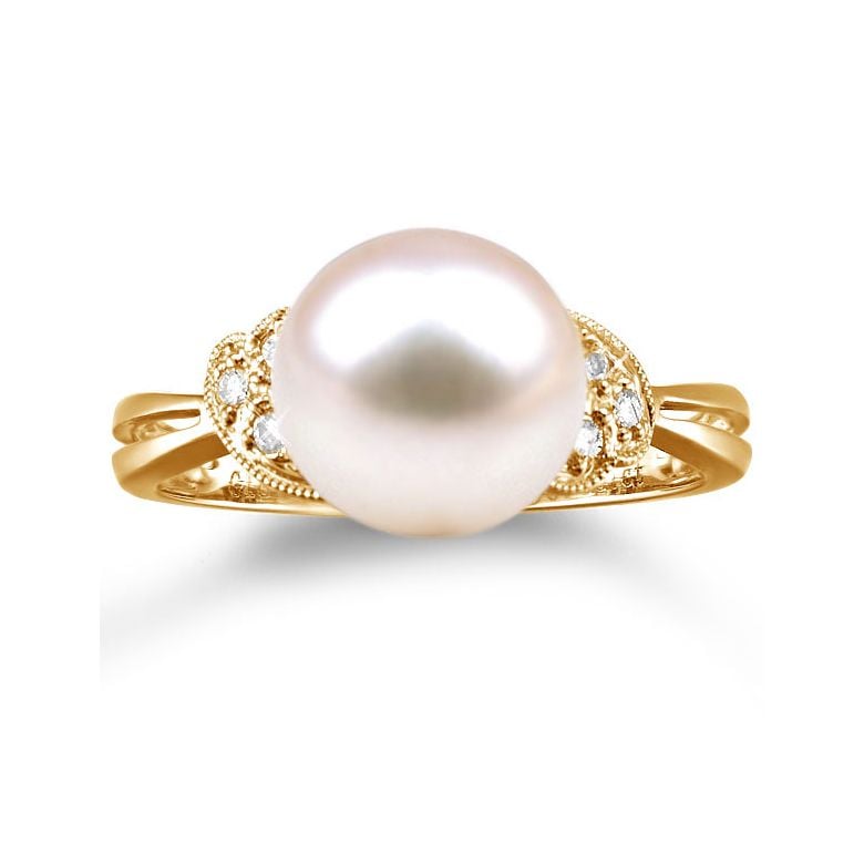 Bague perle Chine - Perle d'eau douce blanche - Diamants, or jaune - 2