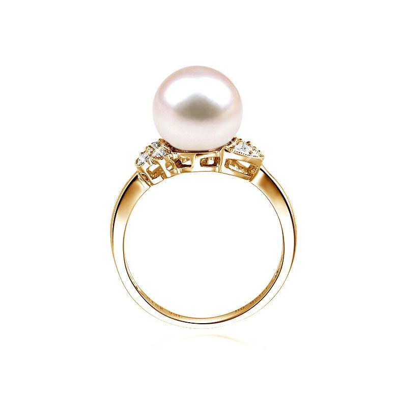 Bague perle Chine - Perle d'eau douce blanche - Diamants, or jaune - 3