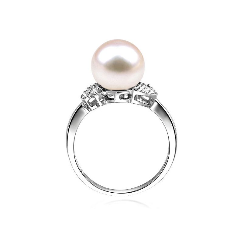 Bague perle Chine - Perle d'eau douce blanche - Diamants, or blanc - 3