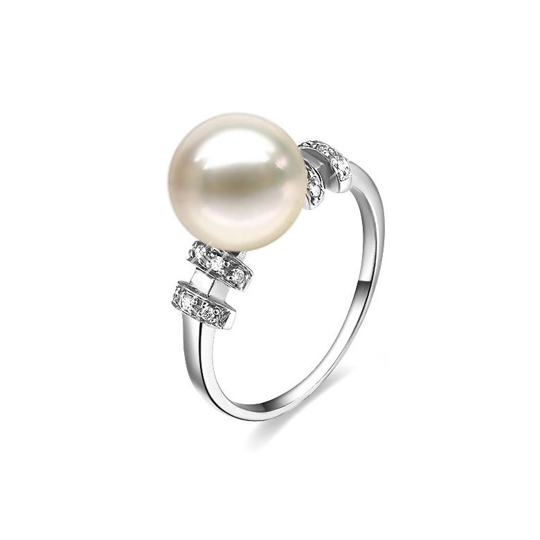 Bague moderne femme en or blanc - Perle eau douce blanche - Diamants - 1