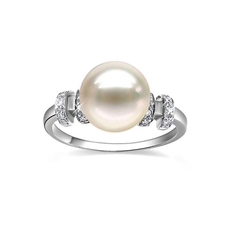 Bague moderne femme en or blanc - Perle eau douce blanche - Diamants - 2