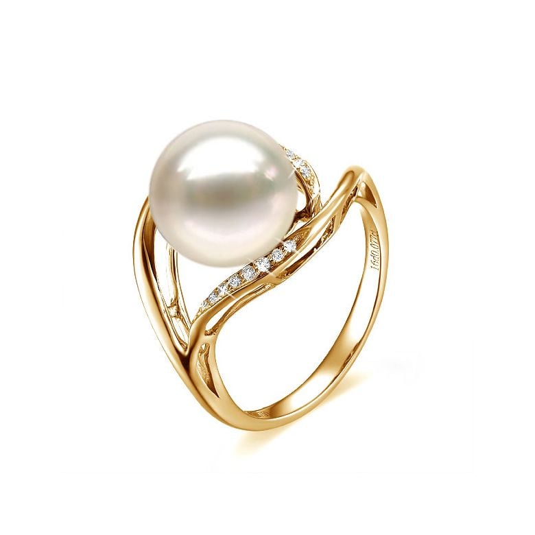 Bague femme perle - Or jaune, diamants - Perle de culture blanche - 1