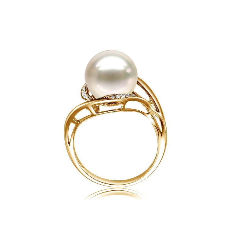 Bague femme perle - Or jaune, diamants - Perle de culture blanche - 4