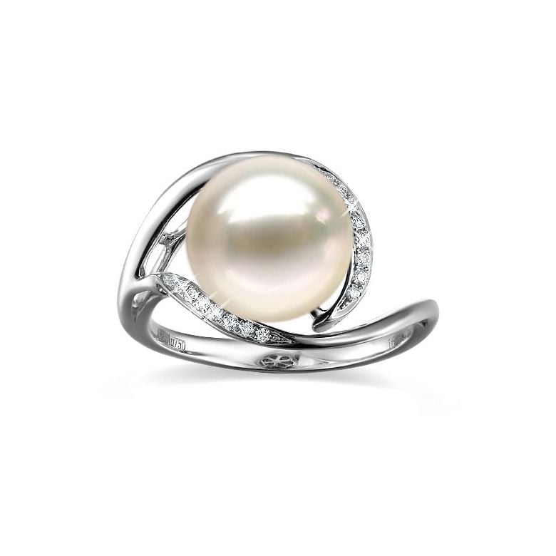 Bague femme perle - Or blanc, diamants - Perle de culture blanche - 2
