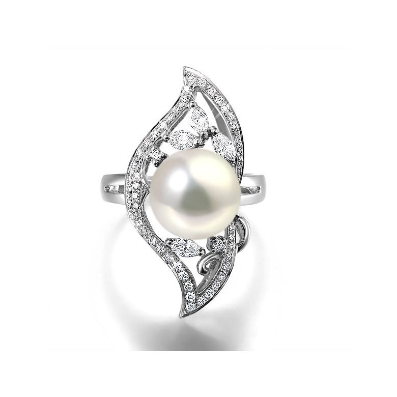 Bague végétale or blanc - Perle eau douce blanche de culture, Diamants - 2