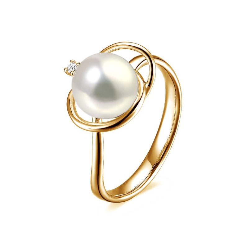 Bague perle d'eau douce blanche - 9.5/10mm, AAA - Or jaune, diamant - 1