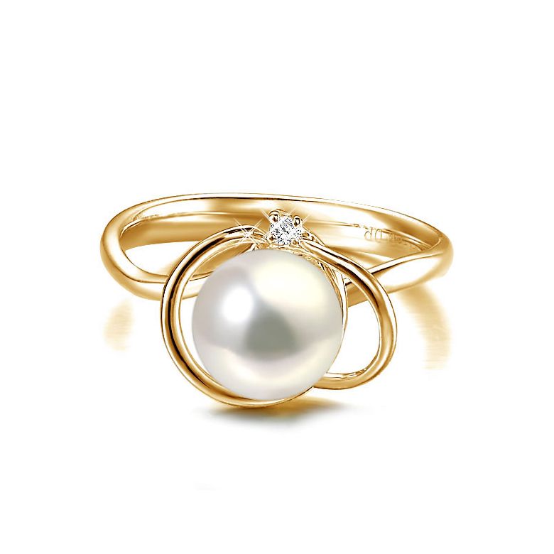 Bague perle d'eau douce blanche - 9.5/10mm, AAA - Or jaune, diamant - 2
