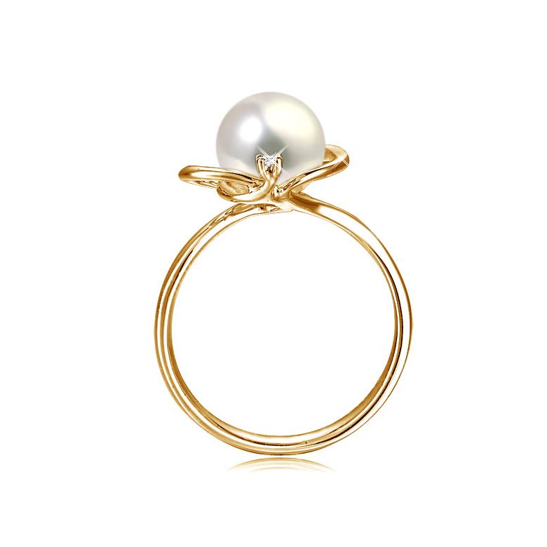 Bague perle d'eau douce blanche - 9.5/10mm, AAA - Or jaune, diamant - 4