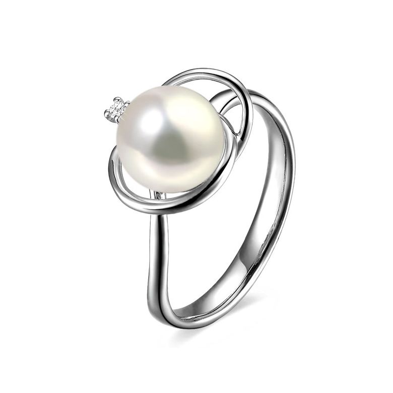 Bague perle d'eau douce blanche - 9.5/10mm, AAA - Or blanc, diamant - 1