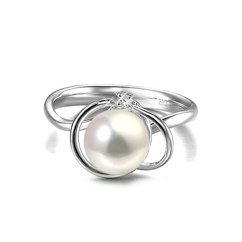 Bague perle d'eau douce blanche - 9.5/10mm, AAA - Or blanc, diamant - 2