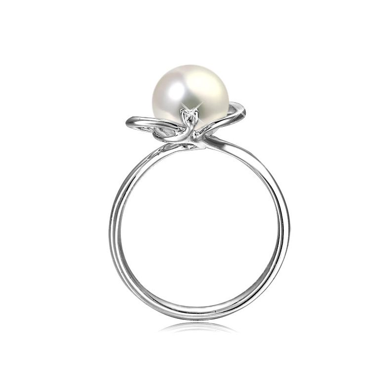 Bague perle d'eau douce blanche - 9.5/10mm, AAA - Or blanc, diamant - 3