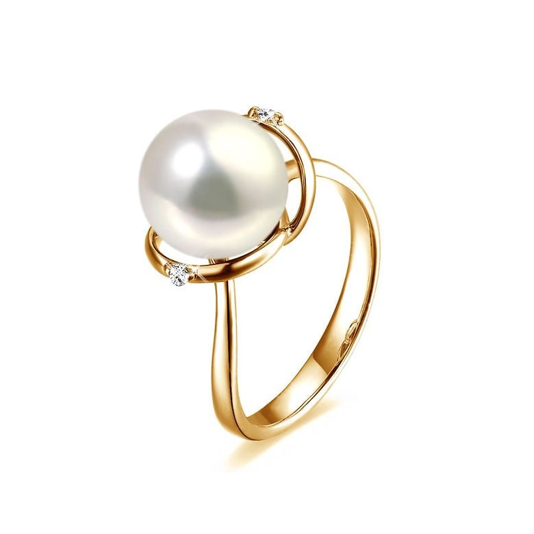 Bague or jaune style circulaire - Perle de culture - 2 diamants sertis - 1
