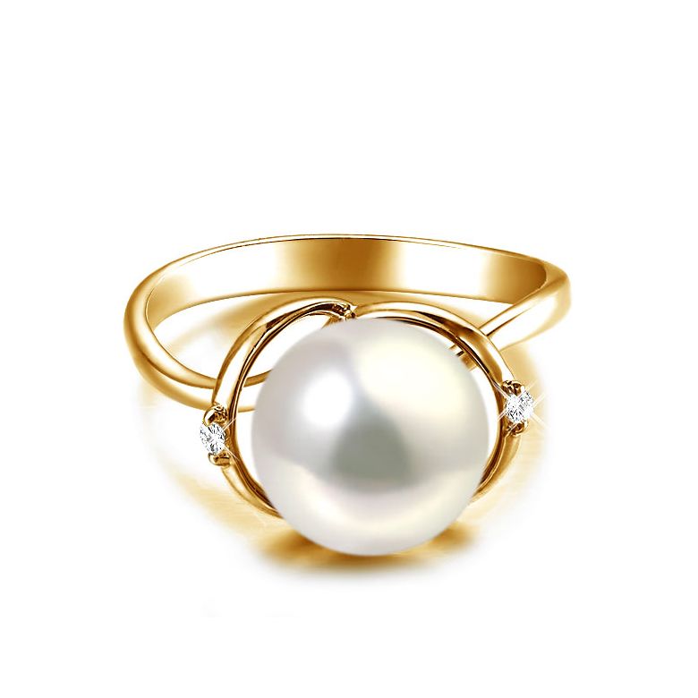 Bague or jaune style circulaire - Perle de culture - 2 diamants sertis - 2