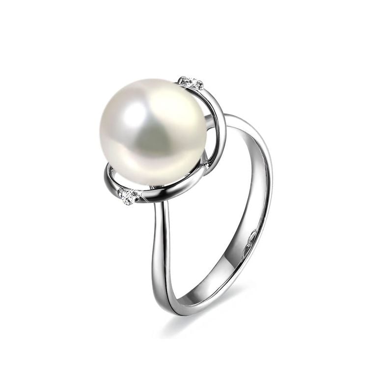 Bague or blanc style circulaire - Perle de culture - 2 diamants sertis - 1