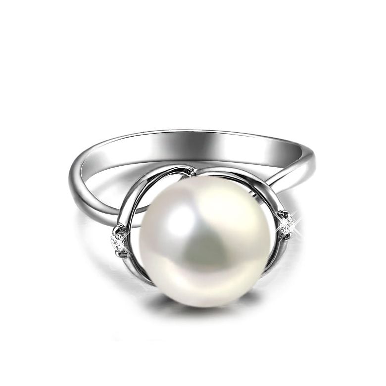 Bague or blanc style circulaire - Perle de culture - 2 diamants sertis - 3