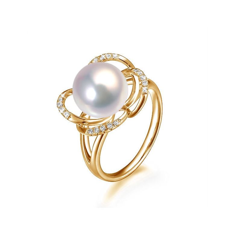 Bague en perle monde floral - Perle de culture or jaune et diamants - 1